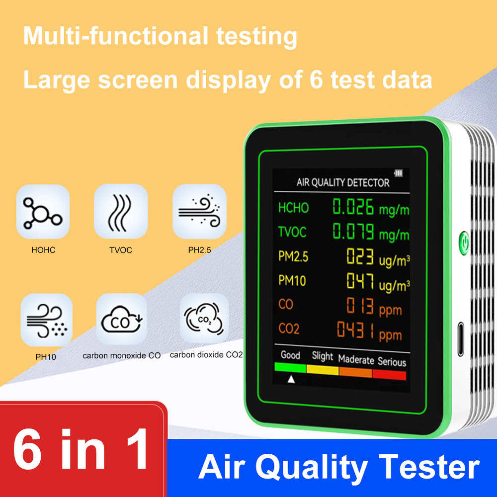 다기능 정확한 질 모니터 6 in 1 이산화탄소 TVOC HCHO 감지기 PM2 5 PM10 HCHO TVOC CO2 CO 계량기