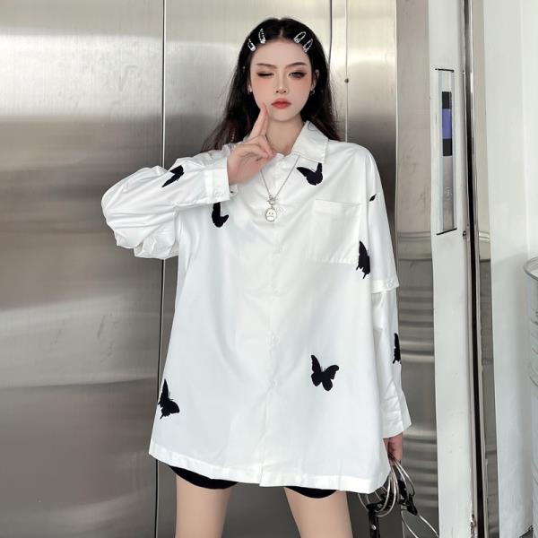 하라주쿠-분리 가능한 소매 셔츠 여성 봄 여름 루즈한 나비 프린트 버튼 다운 블라우스 셔츠 상의 투웨어