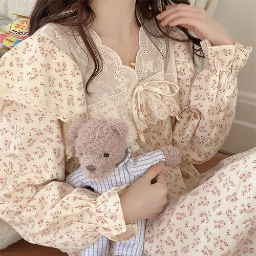 플라워 시스루 레이스 소매밴딩 롱 원피스 파자마 잠옷 262