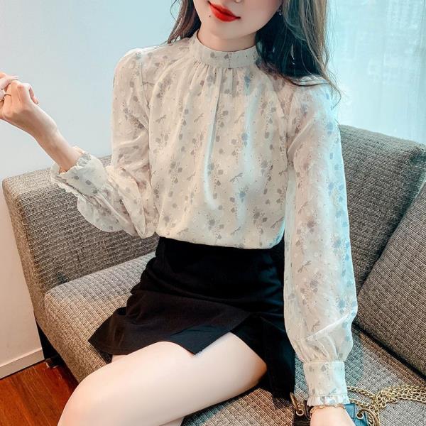 봄 가을 여성용 라운드넥 롱팔 블라우스 셔츠 우아한 플라워 프린트 풀오버 하이 스트리트 캐주얼 단추 탑