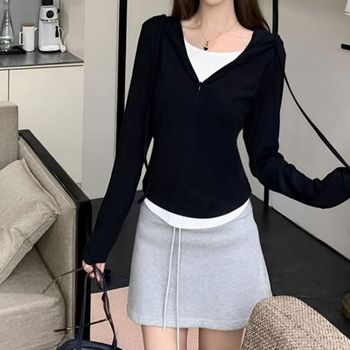여자 3컬러 사계절 데일리룩 페이크 이너 후드티셔츠
