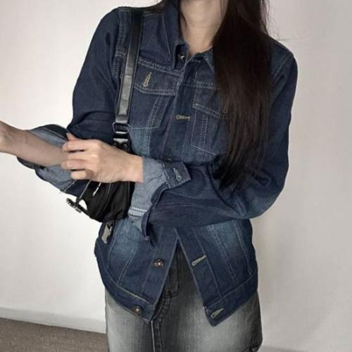 여자재킷 워싱 포인트 여자 레이어드 스탠다드핏 데님 자켓