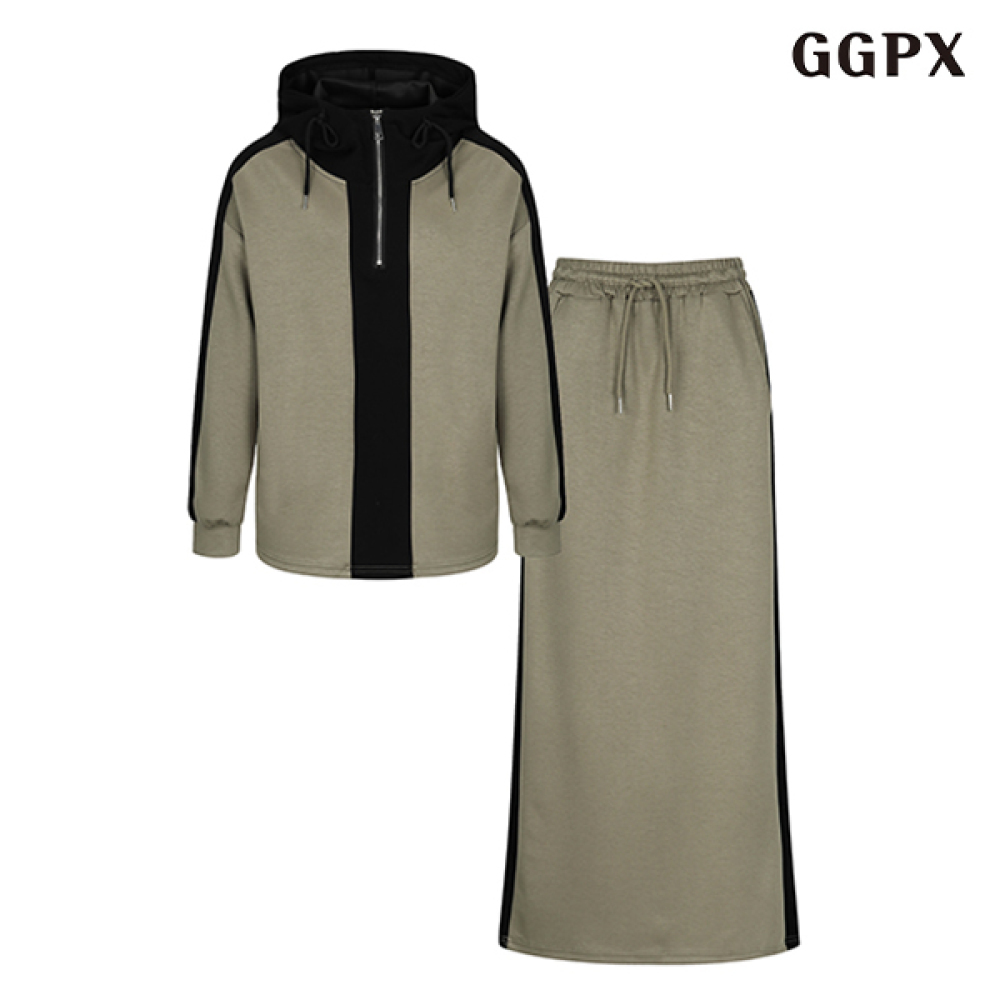 GGPX 캐쥬얼 반집업 후드 티셔츠 허리 밴딩 롱 스커트 셋업 GOCOW041D