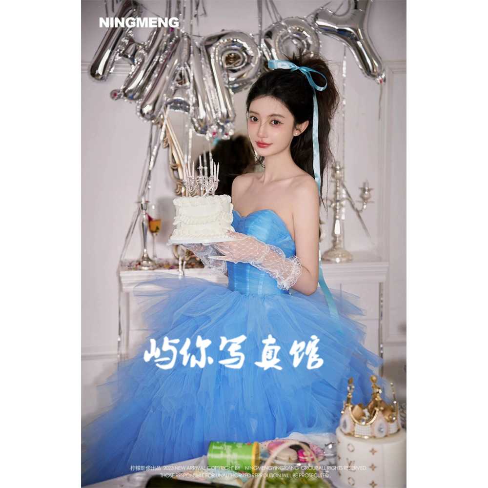 복고웨딩드레스 빈티지 촬영 오프숄더 양말 의상 파란 드레스