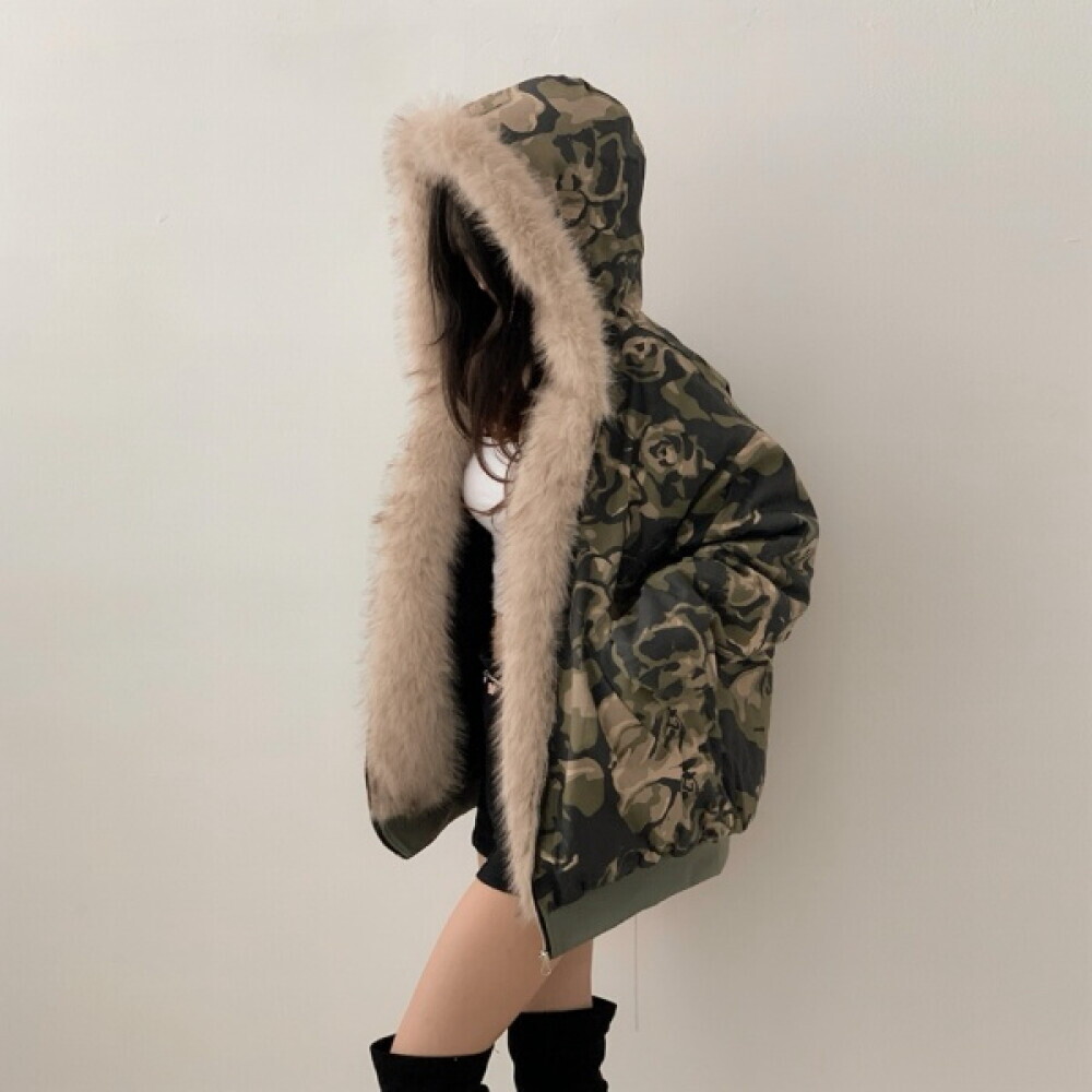 입꼬 Y2K 밀리터리 카모 퍼 후드 야상 패딩