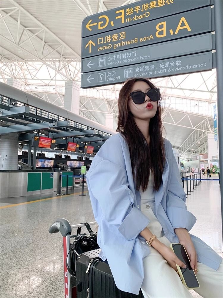 블루 코리안 스타일 루즈핏 슬림 긴팔 셔츠 5999N4994713