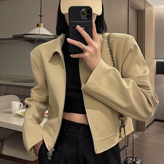 여자재킷 트랜디 스타일 여자 크롭 카라넥 블루종 자켓