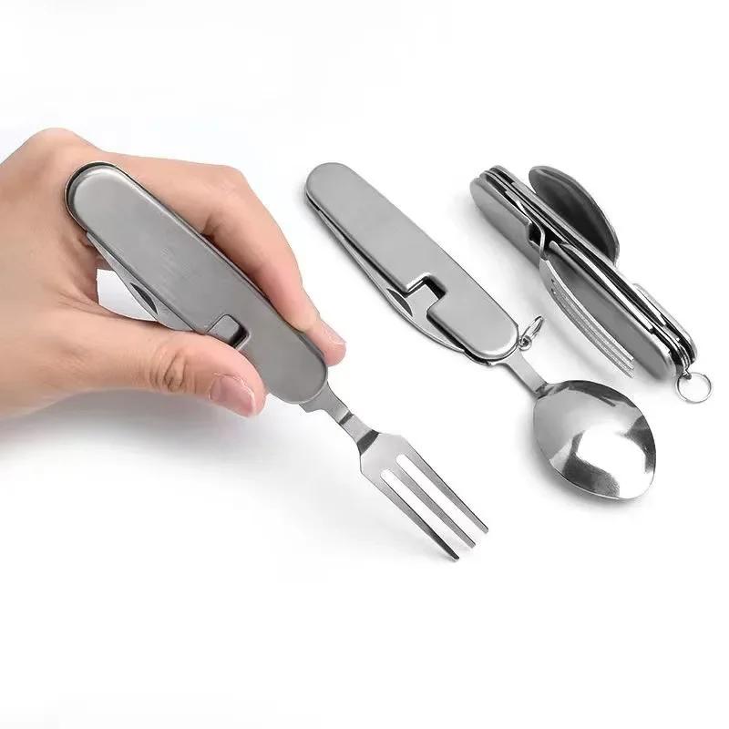 접이식 스푼 나이프 포크 병 테이블 포켓 키트 야외 캠핑 병따개 5 Steelcolor