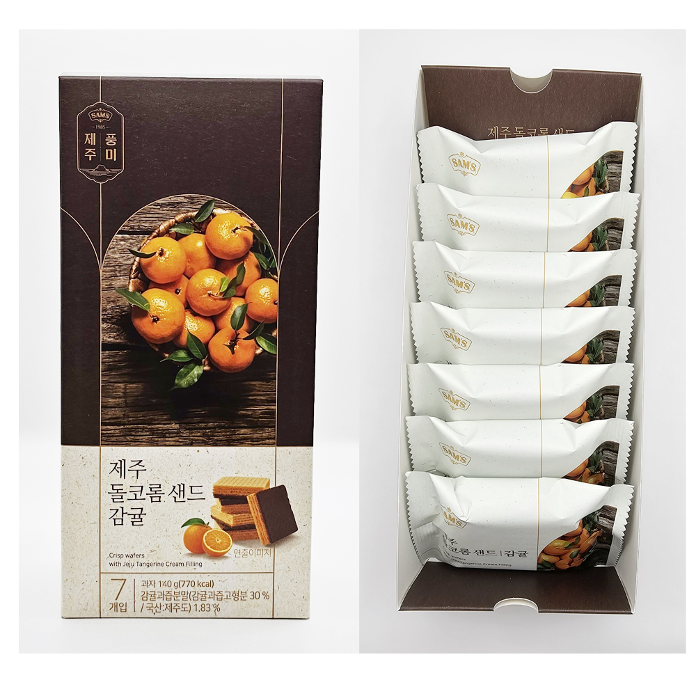 삼아인터내셔날 제주 돌코롬 샌드 7개입 프리미엄 웨하스 마음샌드 쿠키 여행선물 기념품 감귤 7개입 140g 1개