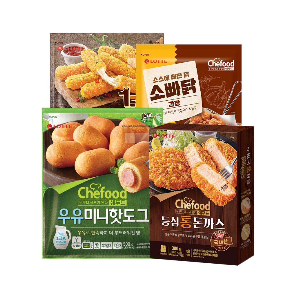 쉐푸드 본사직영 Chefood 든든간식팩 통돈까스 300g 치즈스틱 400g 우유미니핫도그 500g 소빠닭 간장 385g