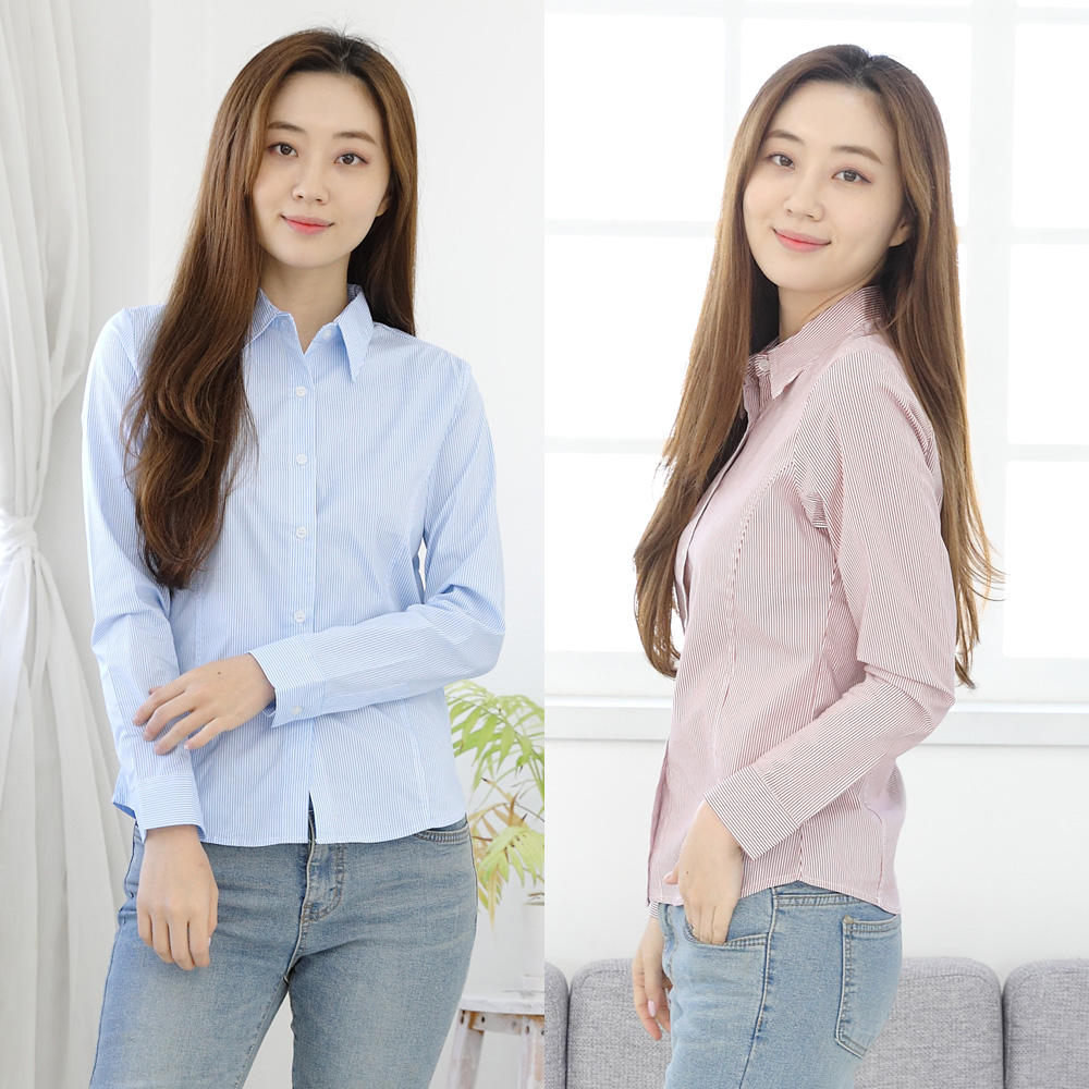 여성 스트라이프 셔츠 블라우스 봄 가을 긴팔 스판 여스트라이프셔츠 C01