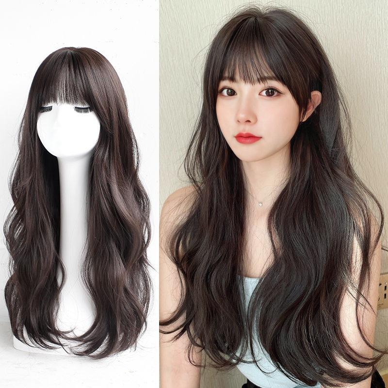 여성용 긴 머리 가발 큰 웨이브 시뮬레이션 헤어 에어 앞머리 긴 곱슬 머리 전체 상단 가짜 머리카락 빨간