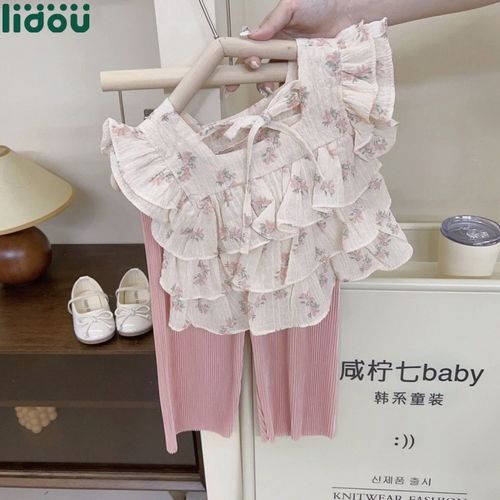 리틀프랑 플라워 프릴 블라우스 바지 100
