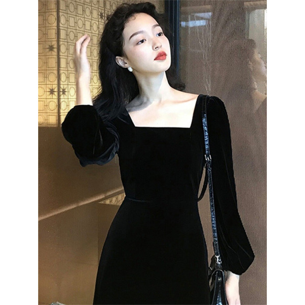 트렌도가 럭셔리 벨벳 스퀘어넥 이브닝 A라인 롱드레스 파티원피스