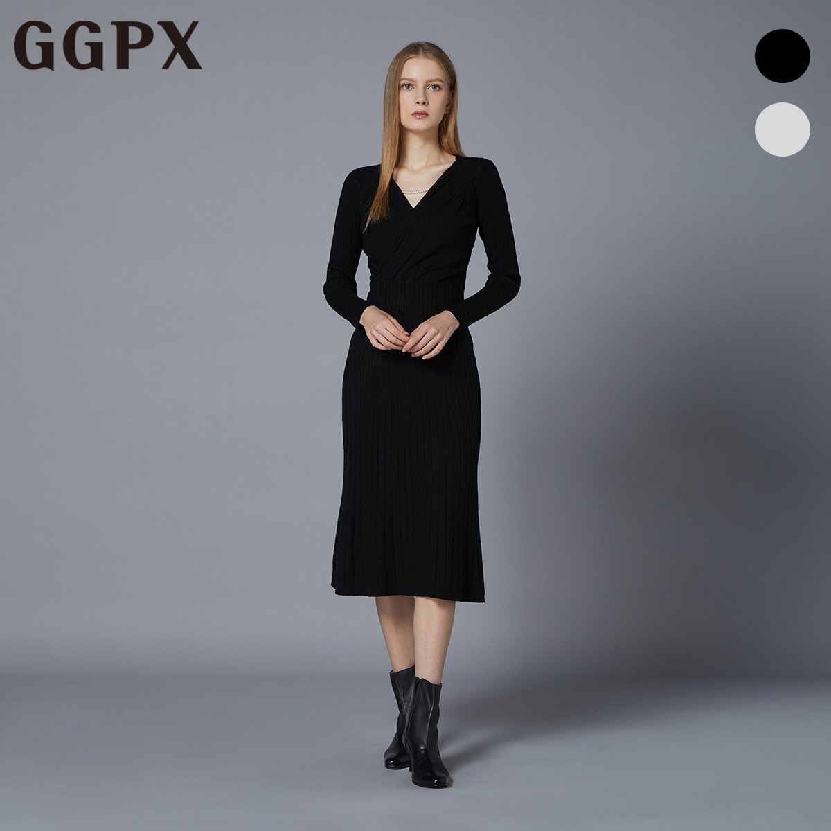 GGPX 진주 넥클리스 레이어드 셔링 골지 라인 니트 원피스 지지피엑스 GOAOP007F