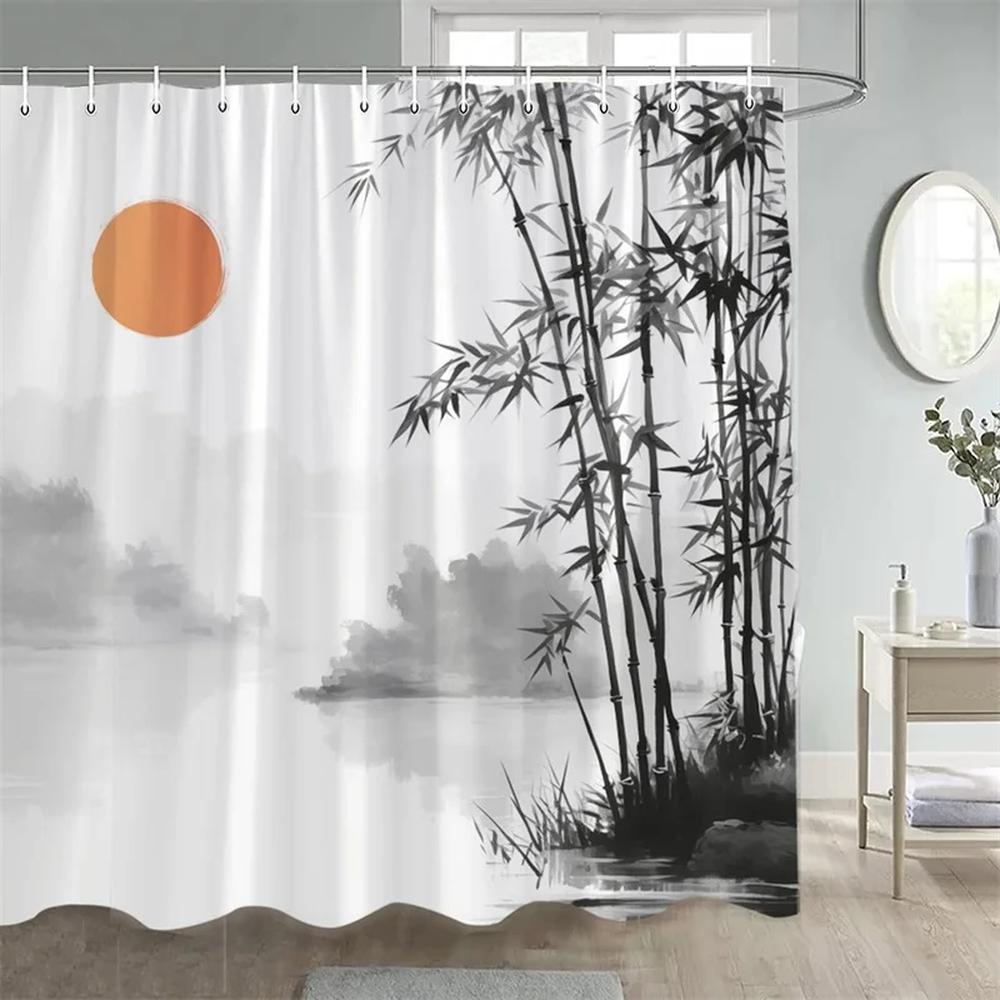 일본 풍경 샤워 커튼 벚꽃 꽃 호수 산 파빌리온 자연 원단 2 1개 D 180x230cm-70x90in 7968AF