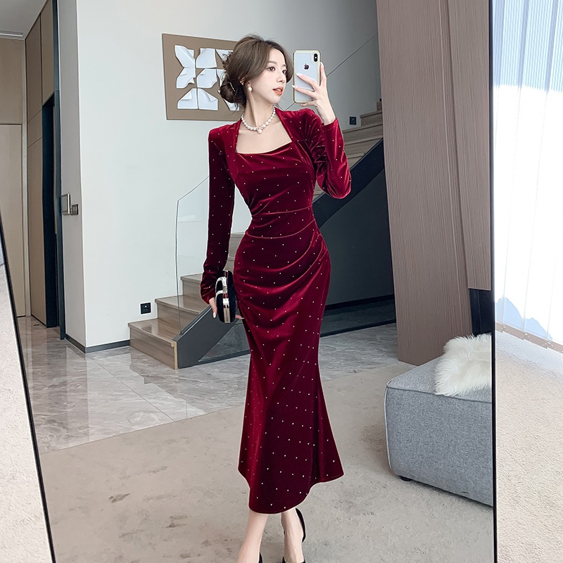 트렌도가 럭셔리 벨벳 큐빅 스퀘어넥 이브닝 롱드레스 파티원피스 L
