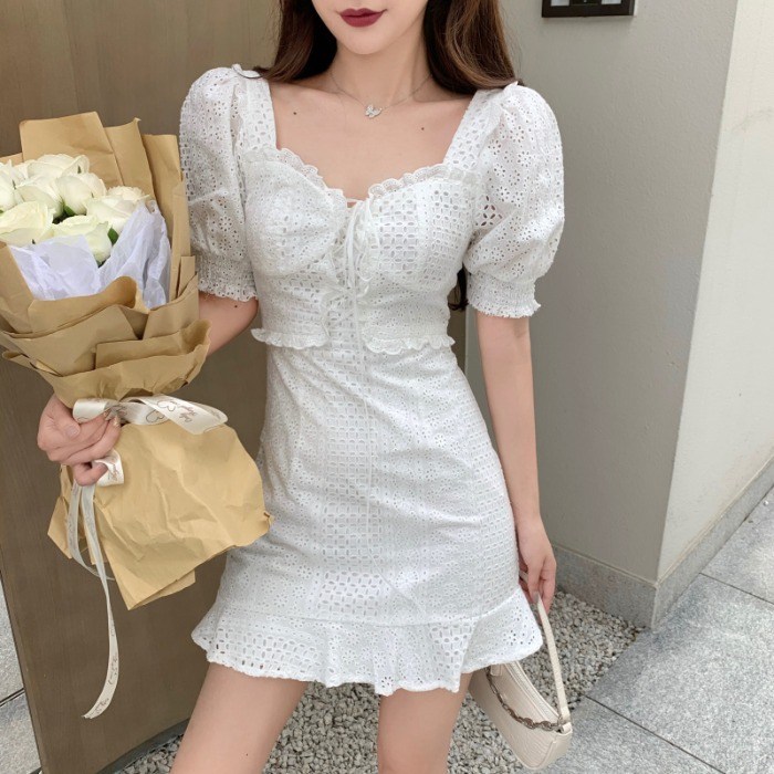 큐티나티 레이스 슬림 스퀘어넥 반팔원피스 L C6102