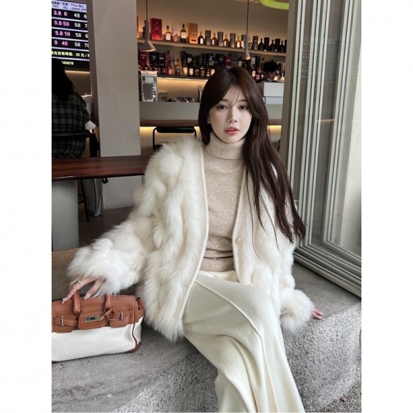 가을 겨울 솜사탕 니트 접합 모조 여우 모피 풀 외투 여자 쇼트 털 외투