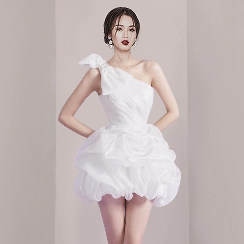 화이트 프렌치 숄더 쇼트 기품 파티 생일 파티 성인 신부 들러리 미니 이브닝 드레스 소