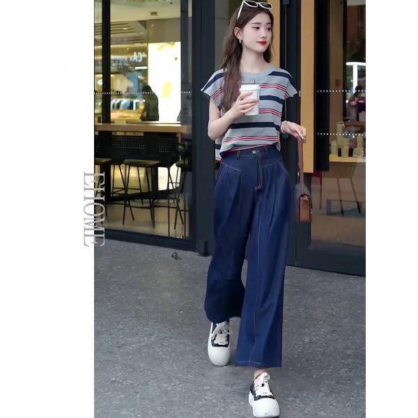 크라우드펀딩 세트 여름 캔톤 스트라이프 디자인 반팔 상의 하이웨스트 스트레이트 진녀