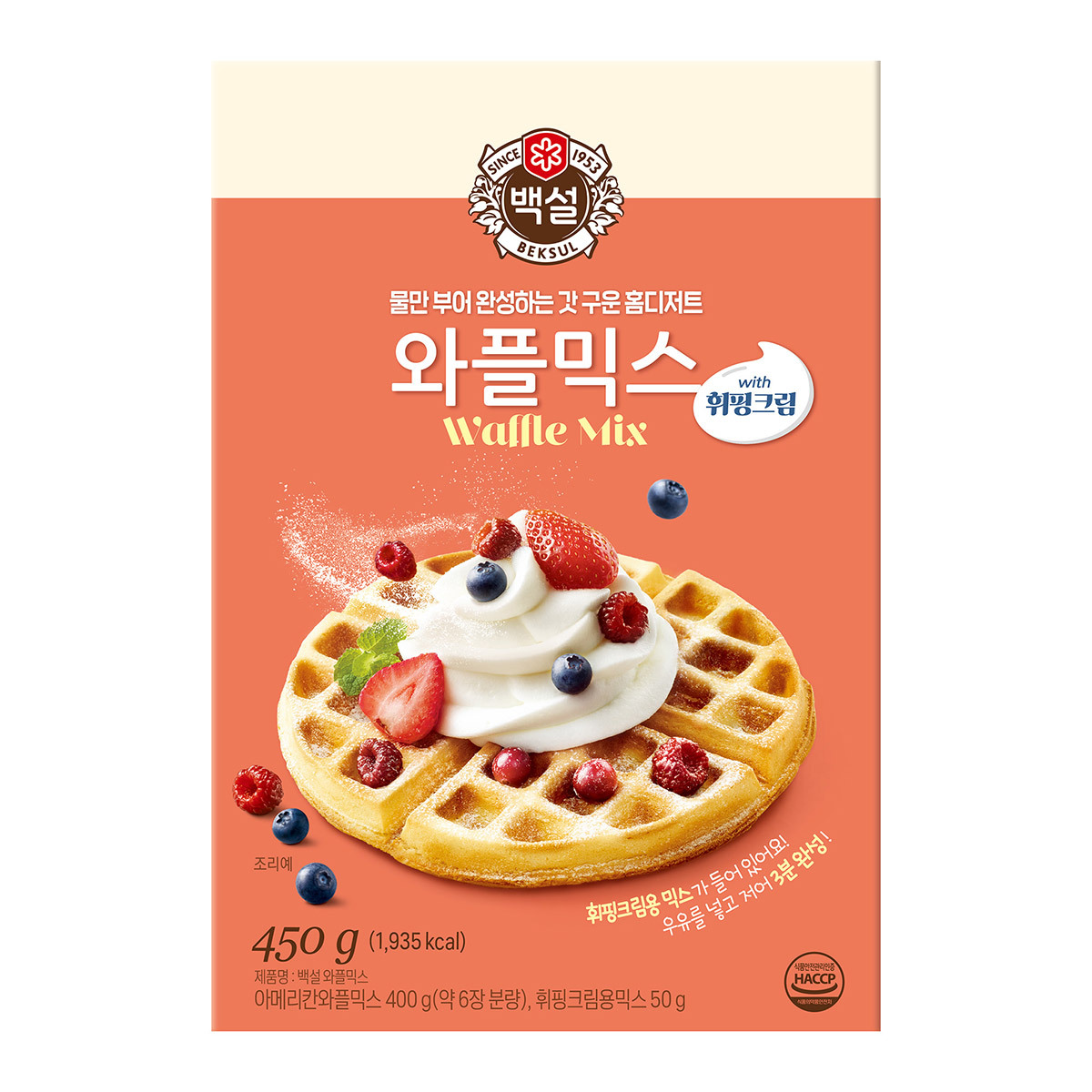 CJ제일제당 백설 백설 와플믹스 450g x 6 토핑 휘핑크림 과일 재빵 재료 빵 베이커리 아이간식 홈카페