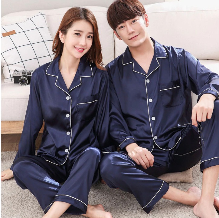 클래식 카라 실크 파자마 잠옷 세트 남자 여자 커플 홈웨어 셋업
