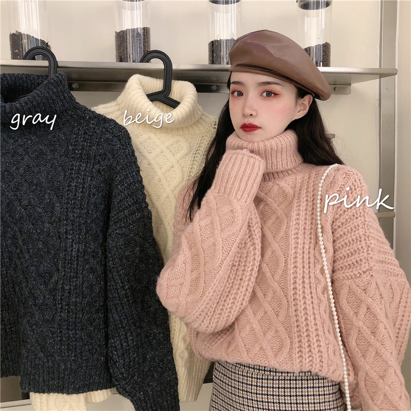 여성용 짧은 하이넥 대형 두꺼운 라인 스웨터 느슨한 게으른 풀오버 한 사이즈