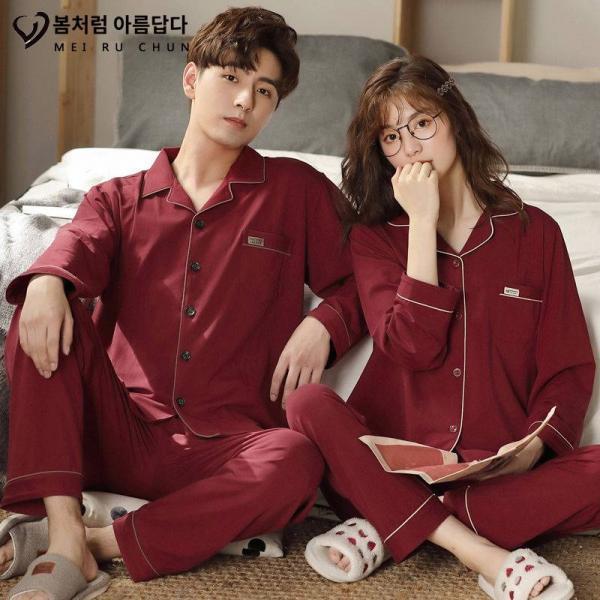리크라 라이크라 커플잠옷 가을겨울 순면 긴팔 신혼경축 대추레드 홈웨어 남녀세트