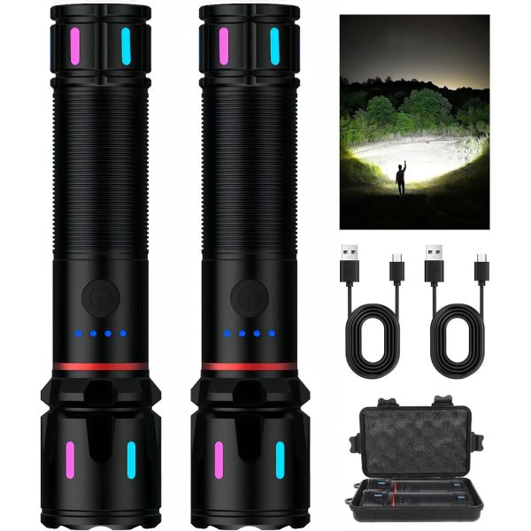 2팩 LED 충전식 손전등 하이 루멘 1000개 이상 초밝은 줌형 형광 홈 캠핑 하이킹용 방수 강력 다기능