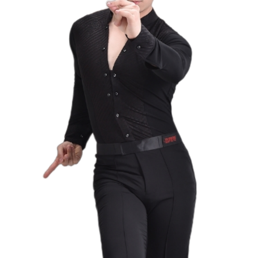 Ogfaour남자 브이넥 숏 카라 모던 긴팔 라틴 사교 댄스복 탑 스포츠댄스복 상의 L