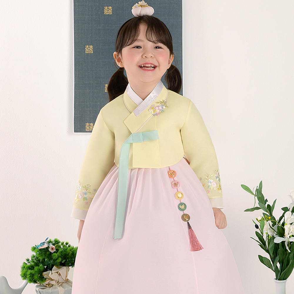 예가한복 예가한복 여아용 소미나래 한복 세트 7045 연노랑 저고리 연분홍 치마 3호