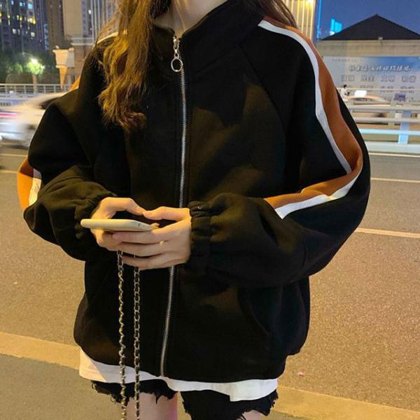 캐주얼 여성 기모안감 배색라인 집업 점퍼 자켓