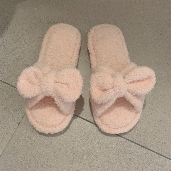 화이트 가을 봄 폭신한 사무실 실내화 털 여성스러운 리본 소녀풍 귀여운 슬리퍼
