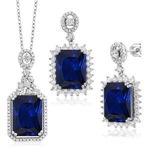 Gem St원 King 31 10 Cttw 사파이어 펜던트와 귀걸이 주얼리 세트 여성용 925 스털링 에메랄드