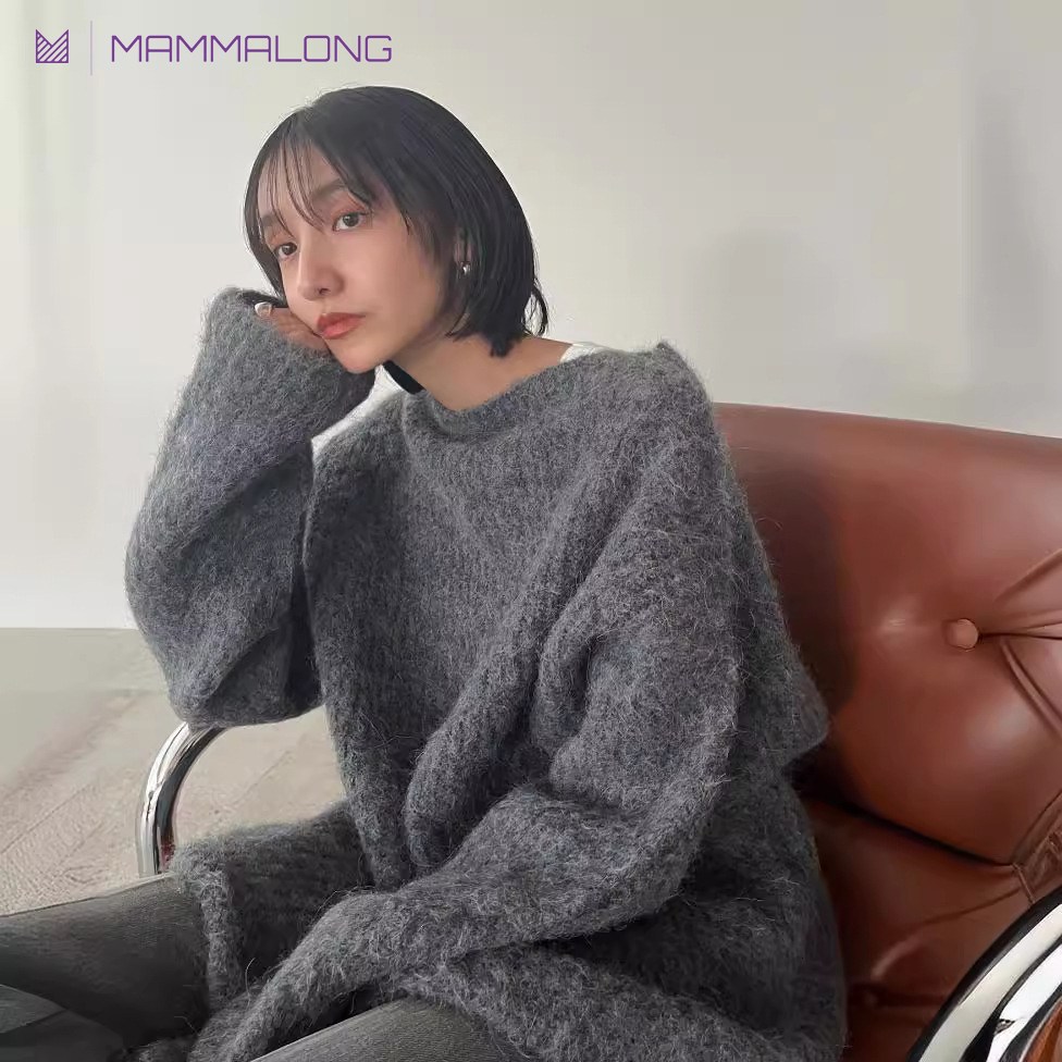 맘마롱 가을 겨울 라운드넥 니트 오버사이즈 살구그레이 M