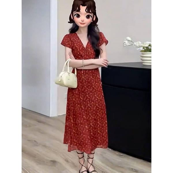 프렌치 기질 브이넥 플라워 원피스 여자 여름 고급스러움 초화 유니크 미니멀 롱 원피스