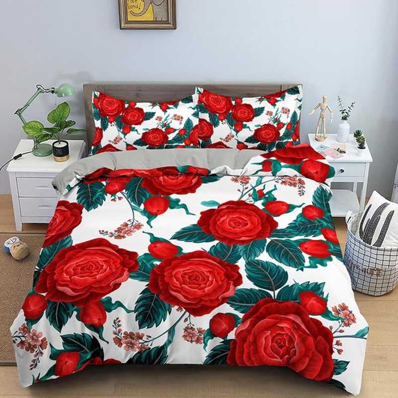 베개 3D 장미 꽃 이불 커버 더블 210x210 침구 세트 2 3pcs 지퍼