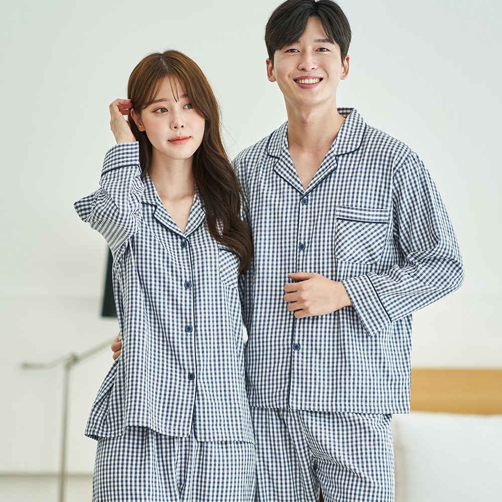 꿀잠커플 보들보들 가벼운 미니 체크 9부 신혼부부 커플잠옷 상하세트 남자-100 단일