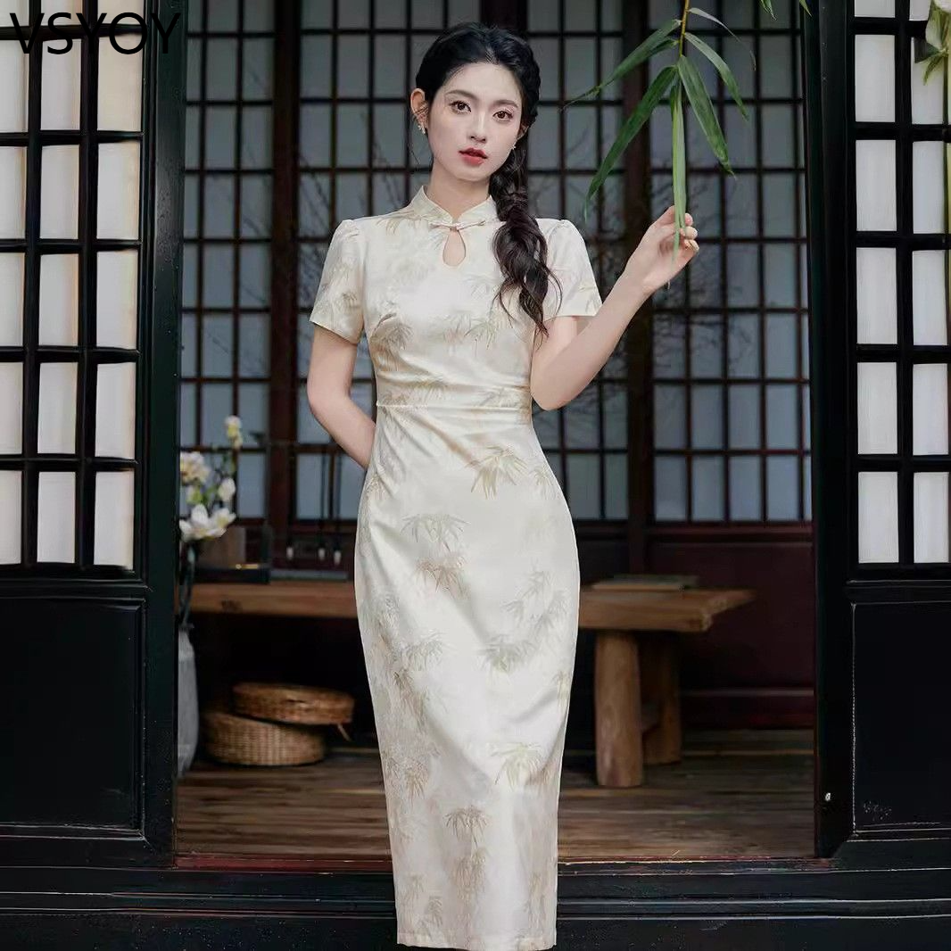 vsyoy 우아한 청삼 개선 어린 소녀의 여름 새로운 쿨 우아한 차 의류 원피스 미터 살구색 S