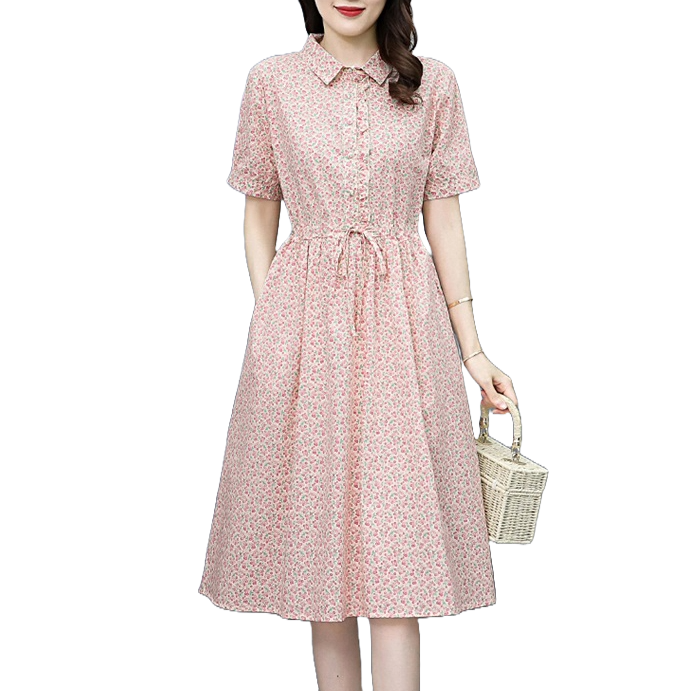 나드리 카라넥 가슴프릴 코튼 허리스트링 플라워 셔츠형 원피스 L