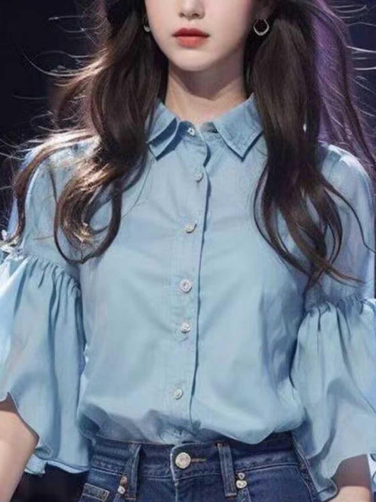 보라색 블라우스 쉬폰 시스루 썸머 남방 루즈핏 여성 오버핏 퍼프 소매 02 05 근 권장 125-140