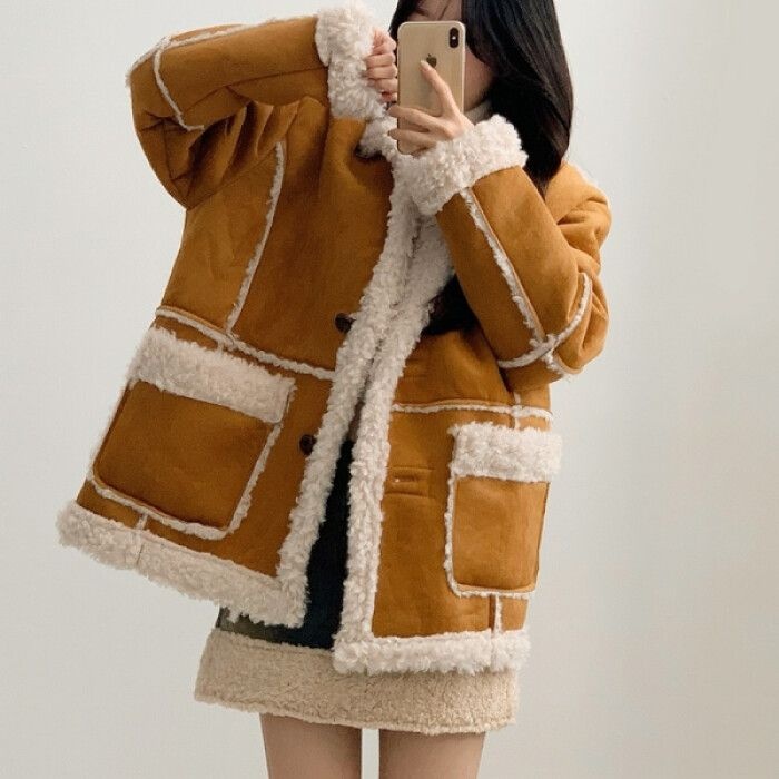 입꼬 스티치 뽀글이 퍼 스웨이드 무스탕 점퍼2color