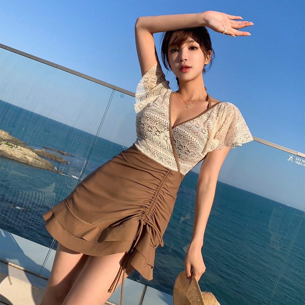비키비키 M 4XL자체제작 비키비키 제이린 원피스 비키니 반팔 체형커버 셔링 니트 스트링 비치 바캉스 홀터넥 여성 수영복 모노키니 M