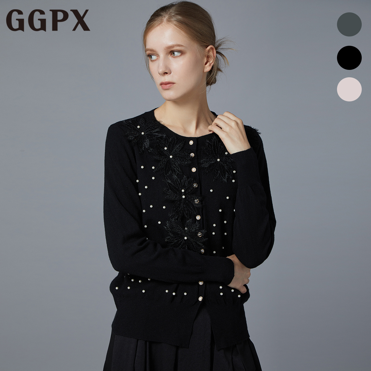GGPX 플라워 패치 진주 주얼리 버튼 니트 가디건 지지피엑스 GO9KG005F