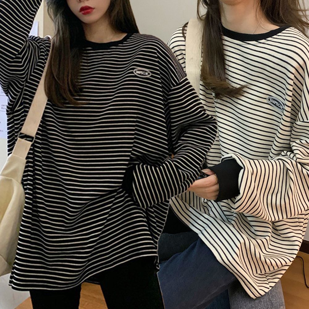 긴팔 줄무늬 여성 맨투맨 스트라이프 티셔츠 루즈핏 OWFFW2AJ