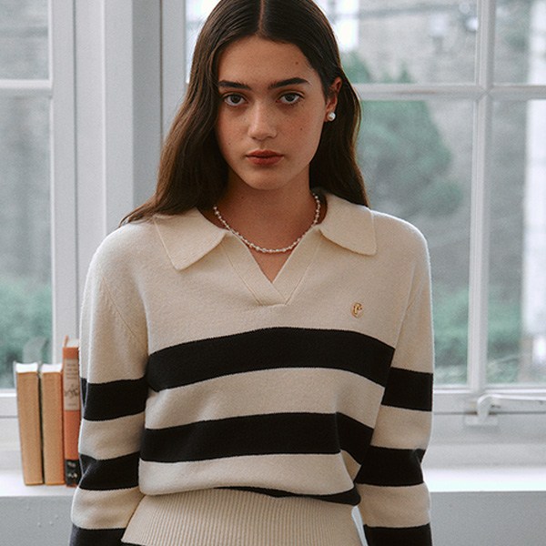 로라로라 로라로라 여성용 COLLAR LOGO STRIPE KNIT
