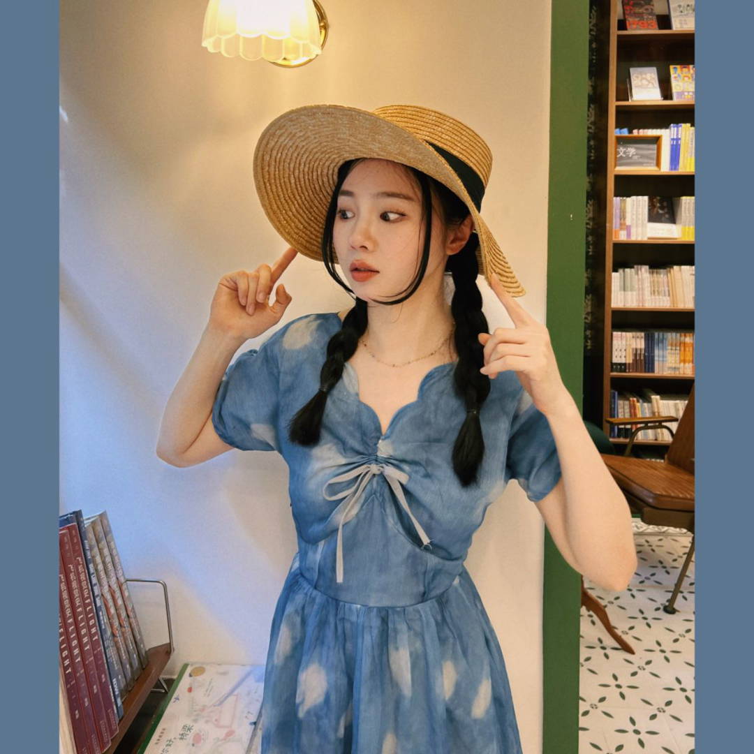 클라우드 인디안 빈티지 오리지널 나염감 리본 셀프 가풍 데이 원피스 셔츠