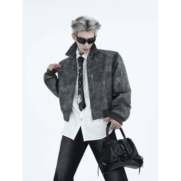 핑크 빈티지 라이더 가죽 재킷 남 가을 남자 숏 데미지 구제 멋쟁이 푸가죽 재킷
