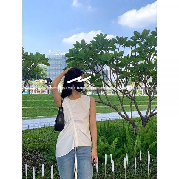 아송 코튼스트링 뒤지퍼 언밸런스 셔링 순면 톱 블라우스 소박한 디자인감